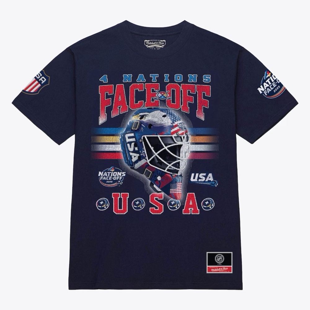 Men's Navy USA 2025 4 Nations Face-Off Goalie Mask T-Shirt size SMALL NWOT